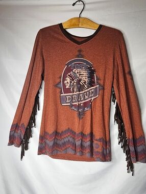 Double D Ranch Big Chief Terracotta Long Sleeve Fringe Western Shirt Womens Med